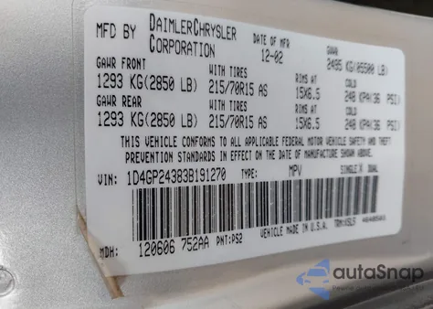 2003 Dodge Grand Caravan Se from USA, damaged, VIN 1D4GP24383B191270